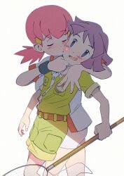 1boy 1girls badge_(pokemon) blue_hair bugsy_(pokemon) cute embarrassed heart hug kissing kissing_cheek pink_hair pokemon pokemon_gsc scout_uniform simple_background whitney_(pokemon) wholesome