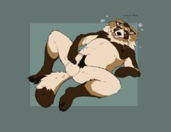 2022 anthro balls big_balls black_hair blep breath brown_body brown_fur canid canine chest_scar english_text erection foreskin fur genitals green_eyes hair hi_res humanoid_genitalia humanoid_penis labradorszn lying male male_anthro mammal masturbation neck_tuft nipples nude nude_anthro nude_male on_back overweight overweight_anthro overweight_male panting penis pubes raccoon_dog scar simple_background solo spread_legs spreading tail tan_body tan_fur tan_penis tanuki text tongue tongue_out tuft vein veiny_penis
