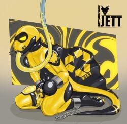 bodily_fluids bondage bound bulge chastity_bulge chastity_device clothing dinosaur drone genital_fluids hi_res latex latex_clothing latex_skinsuit lock_bulge lock_symbol null null_bulge perma permanent prehistoric_species reptile restrained rubberjett scalie skinsuit tight_clothing urine watersports