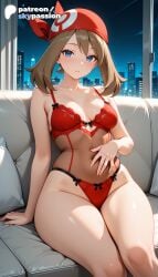 1girls 2026 ai_assisted ai_generated anime artist_name blue_eyes breasts bust cityscape explicit hi_res high_quality high_resolution highres may_(pokemon) night nintendo patreon patreon_username pillow pokemon red_panties skypassion stable_diffusion underwear watermark