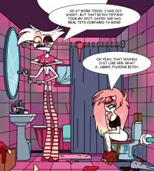 absurd_res angel_dust animal_humanoid anthro arachnid arachnid_humanoid arthropod arthropod_humanoid being_watched bottomwear bottomwear_down brush brushing cherri_bomb_(hazbin_hotel) clothed clothing cyclops demon dialogue duo english_text feces female freckles hazbin_hotel hellaverse hi_res humanoid loogerwoui looking_at_another male panties_on_floor pants pants_down partially_clothed profanity red_eyes scat spider spider_humanoid text toilet toilet_paper toilet_use