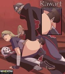 1girls 2boys akatsuki_(naruto) anal anal_sex animated animated_gif bent_over blonde_hair clothed_sex clothing cowgirl_position doggy_style double_penetration female from_behind_position gif hair_grab hidan high_resolution highres kakuzu lying male mmf mmf_threesome multiple_boys naruto naruto_(series) naruto_shippuden nii_yugito ponytail_hold pulling_hair pulling_ponytail rape rawart red_lipstick sandwiched standing threesome vaginal_penetration watermark whentai