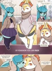 absolute_territory alice_(blattarieva) anthro blattarieva braixen clothing comic duo_focus eeveelution english_text female footwear fringe_clothing generation_4_pokemon generation_6_pokemon glaceon group hi_res human legwear mammal miko_(blattarieva) multiple_scenes nintendo pokemon pokemon_(species) profanity socks suggestive text thick_thighs
