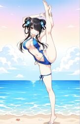 1female 1girl 1girls beach belly_button black_hair chun-li date_a_live ear_piercing earrings eyes female female_focus female_only flower flower_in_hair heterochromia hips one_leg_up outside ribbon ribbon_in_hair swimsuit thicc thick_ass tight_clothing tokisaki_kurumi water