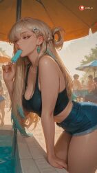 ai_generated aisinful ass beach big_ass big_breasts big_butt blonde_hair blush breasts cleavage denim denim_shorts earrings female food hat hi_res jewelry large_breasts long_hair lynae_(wuthering_waves) medium_breasts ocean popsicle purple_eyes shorts solo thick_thighs thighs umbrella wide_hips wuthering_waves
