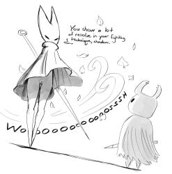 accident accidental_exposure ambiguous_gender anthro arthropod cloak cloak_only clothed clothing dialogue duo english_text female genitals hi_res hollow_knight_(franchise) horn hornet_(hollow_knight) innie_vulva insects leaf low-angle_view melee_weapon monochrome simple_background size_difference slim standing sword team_cherry text the-minuscule-task the_knight_(hollow_knight) vulva weapon wind