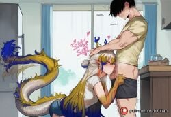1boy ai_generated arknights black_hair blonde_hair blue_hair blue_shorts blush closed_eyes curtains dragon_horns dragon_tail fellatio female from_side hand_on_another's_head horns indoors long_hair motion_lines multicolored_hair oral penis pointy_ears saliva shirt short_shorts short_sleeves shorts shu_(arknights) straight sweat tail teeth tillian two-tone_hair very_long_hair white_shirt window