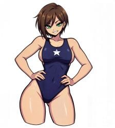 anime big_breasts blue_swimsuit brown_hair busty cameltoe censored confident curvy ecchi female female_only green_eyes hands_on_hips high_leg hips huge_breasts lollololli looking_at_viewer oiled_skin one_piece_swimsuit oppai shiny_skin short_hair simple_background smile solo standing star_print swimsuit thick thighs voluptuous white_background wide_hips