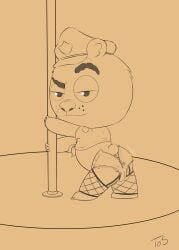 3_fingers absurd_res anthro anus bear bottomwear brickleberry bulge claws clothing comedy_central dancing eyebrows finger_claws fingers fishnet_clothing fur garter_straps hi_res hotpants line_art male male_anthro malloy_(brickleberry) mammal pole pole_dancing police police_hat raised_eyebrow scut_tail shirt short_tail shorts shortstack stage stripper stripper_pole tail theoryofstrings tied_shirt toe_claws topwear whisker_spots