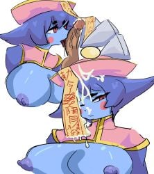 1girls blue_skin breasts cum darkstalkers hsien_ko jiangshi licking_penis nipples purple_hair
