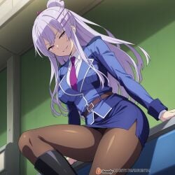 ai_generated boots breast_pockets breasts clothing female female_focus formal frolaytia_capistrano hair_pin heavy_object high_heels high_heels_boots huge_breasts long_hair military military_uniform necktie pantyhose purple_eyes seductive seductive_look seductive_pose smile suit thighs uniform