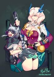 2girls alternate_version_available arknights arknights:_endfield ass booty_shorts catgirl dragon_girl eyebrows_visible_through_hair eyepatch flustered gloves jiggling_ass mi_fu_(arknights) patreon_username punishment ryufboi shaking spanked_butt spanking tail_grab tangtang_(arknights) text uniform