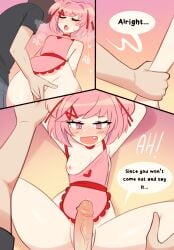 1boy 1girls 2025 absurdres apron apron_lift apron_only artist_name ass blush bob_cut breasts closed_eyes comic cute_fang doki_doki_literature_club english_text female female_focus finger_fuck fingering fingering_pussy hair_ornament hair_ribbon high_quality high_resolution highres image_sequence image_set male mc_(doki_doki_literature_club!) naked_apron natsuki_(doki_doki_literature_club) open_mouth pink_eyes pink_hair pleasure_face pussy pussy_juice sataen sataenart sequence short_hair small_breasts spread_legs straight surprised surprised_expression sweat text tongue tongue_out twintails vaginal_penetration watermark x_hair_ornament