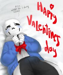 bulge bulge_through_clothing bulge_under_clothes clothed clothed_male embarrassed embarrassed_expression erection glowing_bulge glowing_penis hands_tied male male_focus male_only on_bed presenting presenting_to_viewer red_ribbon ribbon ribbon_bondage sadfloow sans sheets skeleton submissive submissive_male tied_hands tied_up undertale valentine's_day