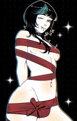 1futa alternate_version_available belly_piercing black_hair bulge cogumelodejeans dickgirl dyed_hair futanari gift_wrapped_futa hoshi_kirara jujutsu_kaisen licking_lips lip_piercing petite_body small_breasts underboob valentine's_day winking_at_viewer