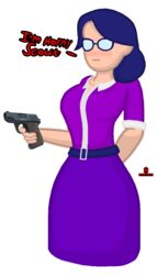 2d artist_logo artist_name blush clothed english_text female female_only glasses gun hand_behind_back horny horryhane miss_pauling team_fortress_2 transparent_background valve weapon