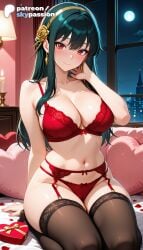 1girls 2026 ai_assisted ai_generated anime artist_name big_breasts breasts bust busty earrings explicit garter_belt hi_res high_quality high_resolution highres jewelry large_breasts long_hair navel night night_sky patreon patreon_username pillow skypassion smile solo spy_x_family stable_diffusion thighhighs watermark window yor_briar yor_forger