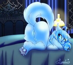 ahoge anthro artist_name bed big_breasts blue_eyes blue_hair blue_internals blue_tongue breasts canid canine canis claws colored digital_drawing_(artwork) digital_media_(artwork) female floppy_ears fur furniture genitals hair heart_ahoge hi_res lula lula_the_wolf lunalaimoonglow mammal nude on_bed paws presenting shaded signature smile solo squish tail text tongue tongue_out vtuber vulva white_body white_fur wolf