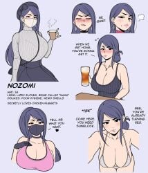 1girls beer big_breasts bikini bikini_top bra character_sheet cleavage coffee earrings expressions female gloves jam-orbital nozomi_(jam-orbital) pierced_ears piercing piercings purple_hair sole_female solo_female solo_focus sweater