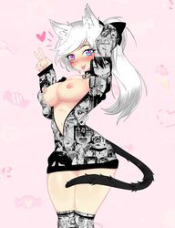 2d breasts cat_girl collar female female_only heart-shaped_pupils light-skinned_female light_skin mute navel nipples oathmeal pale-skinned_female pale_skin peace_sign pink_nipples solo tongue_out vrchat