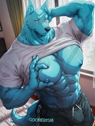 1boy abs ai_art ai_generated anthro bara bedroom big_muscles big_pecs blue_eyes blue_fur bulge canid canine clothing fur furry gay goonerism hand_behind_head heart_gesture indoors inner_ear_fluff looking_at_viewer muscular muscular_male nipples one_arm_up patreon pecs self_upload shirt shirt_lift shorts solo tsunagu_hidaka watermark white_shirt with_you_our_love_will_make_it_through wolf yaoi
