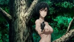 ai_edit ai_generated black_hair bob_cut breasts curvy edited_screencap female forest highres holding_gun jujutsu_kaisen large_breasts mai_zenin nipples nude nude_edit outdoors revolver screencap shiny_skin short_hair solo voluptuous weapon zenin_mai