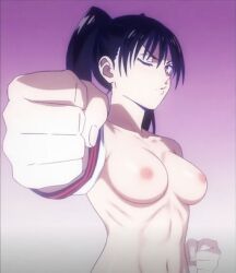 ai_edit ai_generated black_hair breasts closed_eyes curvy edited_screencap female fist_raised highres idol jujutsu_kaisen large_breasts long_hair nipples nobuko_takada nude nude_edit ponytail punch purple_background screencap shiny_skin solo takada_chan tall_girl voluptuous