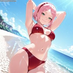 ai ai_art ai_generated arms_behind_head artist_name beach beach_background bikini boruto:_naruto_next_generations curvy curvy_body curvy_female curvy_figure female female_only green_eyes hands_behind_head medium_breasts naruto naruto_(series) perfect_body perfect_boobs pink_hair red_bikini rexmagi sakura_haruno short_hair smile smile_at_viewer standing waiting_for_sex watermark
