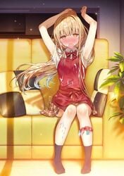 apron arms_up bangs barefoot blonde_hair blush brown_eyes closed_mouth couch detexted female hanekoto highres indoors leaf long_hair looking_at_viewer original pillow plant red_skirt shirt short_sleeves sitting skirt solo tagme third-party_edit white_shirt