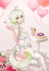 1girls ahoge animal_ears ass balloon braid braided_ponytail breasts cake chocolate cleavage cute female ferret_ears ferret_girl ferret_tail food fruit green_eyes green_hair green_tail heart heart_balloon highres ice_cream indie_virtual_youtuber laimu legs looking_at_viewer multicolored_hair naya_moonfang open_mouth sexy strawberry strawberry_cake tail thick_thighs thighhighs thighs two-tone_hair two-tone_tail virtual_youtuber vtuber white_hair white_tail white_thighhighs