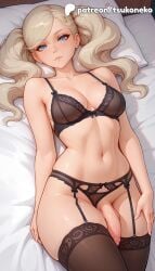 1futa 2026 ai_assisted ai_generated anime ann_takamaki artist_name bed bed_sheet black_bra breasts bust earrings explicit futanari garter_belt garter_straps hi_res high_quality high_resolution highres jewelry laying_down long_hair lying lying_on_back navel on_back on_bed patreon patreon_username penis persona persona_5 pillow stable_diffusion takamaki_anne thighhighs tsukoneko twintails uncensored underwear watermark