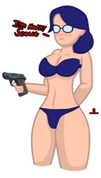 artist_logo artist_name blush bra english_text female female_only glasses gun hand_behind_back horny horryhane miss_pauling team_fortress_2 transparent_background underwear valve weapon