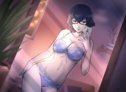 atlus big_breasts bra cleavage earrings glasses kukimoonie mirror mirror_selfie nail_polish panties persona persona_4 shirogane_naoto solo_female