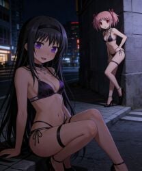 2girls akemi_homura amateur_prostitute black_bikini black_hair hooker madoka_kaname mahou_shoujo_madoka_magica pink_hair prostitution