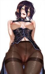 ai_assisted breasts_out chainsaw_man chinese_clothes dress pantyhose plushyplant posing pussy reze_(chainsaw_man) smile sweat white_background
