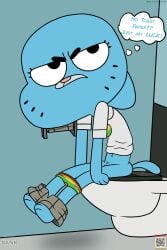 absurd_res annoyed anthro bathroom bottomwear bottomwear_down cartoon_network clothed clothing domestic_cat english_text feces felid feline felis female hi_res mammal navel nicole_watterson panties panties_down pants pants_down partially_clothed pubes public_restroom qr_code restroom_stall scat solo text the_amazing_world_of_gumball thedispenser69 toilet toilet_paper toilet_use underwear underwear_down