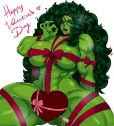 1girls 2d abs big_breasts breasts chocolate_box color convenient_censoring exposed_areolae female female_only full_color green-skinned_female green_body green_hair green_skin heart-shaped_box huge_breasts hulk_(series) long_hair marvel marvel_comics muscles muscular muscular_female nude nude_female ribbon ribbon_only she-hulk solo thick_thighs thigh_up tongue tongue_out valentine's_day wink winking_at_viewer xanman_art