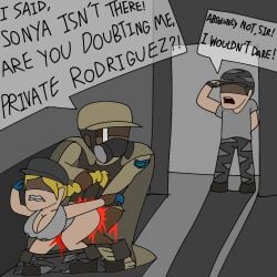 1girls 2boys 2d artist_request cap_(dead_ahead) dead_ahead defloration female hidden_eyes hidden_sex leaking_milk pants_down pulling_hair rodriguez_(dead_ahead) simple_background sonya_(dead_ahead) tears text_box