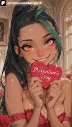 ai_generated black_hair blush cleavage dark-skinned_female dark_skin female freckles hand_up happy_valentine holding holding_object looking_at_viewer medium_breasts morganx nemona_(pokemon) nintendo pokemon pokemon_sv ponytail smile teeth valentine's_day