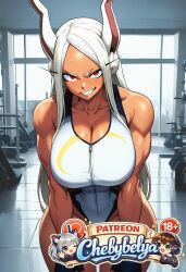 1girl absurdres ai_assisted ai_generated anime anime_style attractive bangs beautiful beautiful_eyes beautiful_lighting best_quality breasts chebybelya cinematic_lighting collarbone curvy cute dark-skinned_female dark_skin deep_skin detailed detailed_face detailed_skin digital_art dumbbell grin high_quality high_resolution highleg highleg_leotard highres indoors large_breasts leotard long_hair looking_at_viewer masterpiece mirko muscular muscular_female patreon patreon_username perfect_body rabbit_ears red_eyes sexy sharp_focus signature sleeveless_turtleneck_leotard slim_waist smile soft_lighting soft_shading solo stylized sweat thick_thighs thighs toned very_aesthetic vibrant_colors watermark white_hair white_leotard wide_hips