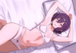 chainsaw_man flat_chest hands_above_head lingerie lingerie_bra lingerie_panties midriff mothdropcrowla on_bed petite_female pose purple_hair reze_(chainsaw_man) small_breasts