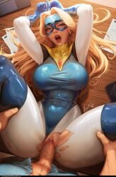 1boy blonde_blazer blonde_hair blue_gloves blue_leotard blue_mask blue_thighhighs breasts clothed_sex dispatch domino_mask eye_mask female gloves highres large_breasts leotard luminyu lying male_pubic_hair mask missionary on_back open_mouth pantyhose penis pov pubic_hair pussy robert_robertson sex spread_legs superhero_costume thighhighs uncensored vaginal_penetration white_pantyhose