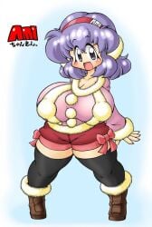 alternate_breast_size blush choker danball_senki earmuffs erect_nipples erect_nipples_under_clothes female huge_breasts kawamura_ami open_mouth panties purple_eyes purple_hair short_purple_hair skirt tamori_hataru thick_thighs thighhighs underwear wide_hips