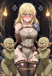 ai_generated anime_style armor blonde_hair bound curvy embarrassed fantasy female goblin long_hair luminaria medieval original_character restrained rope selene torn_clothes