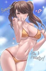 1girls bare_shoulders beautiful big_breasts bikini blush breasts brown_eyes brown_hair cleavage edited kujikawa_rise large_breasts light-skinned_female long_hair megami_tensei persona persona_4 sexy sky_background slim_waist smile solo_female swimsuit teasing text thighs twintails