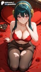1girls 2026 ai_assisted ai_generated anime artist_name bed bed_sheet big_breasts blue_rose blush breasts bust busty censored earrings explicit flower hairband hi_res high_quality high_resolution highres jewelry large_breasts long_hair on_bed pantyhose patreon patreon_username petals pillow red_eyes red_flower red_rose rose rose_petals rose_print skypassion spy_x_family stable_diffusion thighband_pantyhose thorns torn_clothes underwear watermark yor_briar yor_forger