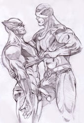 2boys abs biceps boner bulge clothed cyclops_(x-men) erection male male/male male_only marvel monochrome muscular pecs penis precum scott_summers size_difference stripping thick_thighs uncut warwik wolverine_(x-men) x-men yaoi