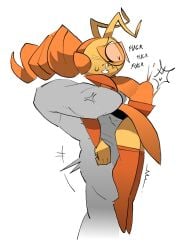 1girls anon anonymous_male antennae antennae_(anatomy) being_held bulge bulging_belly clothed clothed_sex clothing curly_hair curvy drooling duo female genitals hands_up_(joel_g) heart heart-shaped_pupils heart_symbol joel_g larger_male medium_breasts orange_hair petite petite_body petite_female real_saming short_female shorter_female size_difference stockings sweating sweaty text thick_thighs ula_(joel_g) yellow_body yellow_skin