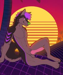 absurd_res anthro arccedan athletic balls black_body black_fur canid canine canis curled_tail domestic_dog drakonal erection fur genitals green_eyes green_nose grey_body grey_fur hair heterochromia hi_res humanoid husky hybrid knot knotted_penis lathiroz leaning leaning_backward looking_at_viewer male mammal nordic_sled_dog nude pawpads paws penis purple_body purple_eyes purple_fur purple_hair relaxed_expression sitting sitting_on_ground slim smile solo spitz spread_legs spreading sunset synthwave tail vaporwave wolf wolfdog