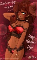 1girls auburn_hair black_lipstick blush bra dark-skinned_female dark_skin heart hoop_earrings lace lacy_underwear large_breasts lipstick long_hair mole mole_on_breast mole_on_face muffinknight panties patreon patreon_username red_lingerie red_underwear roxy_(muffinknight) text valentine's_day valentine's_day_card wedding_ring wide_hips writing yellow_eyes